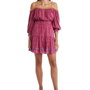 Betsey Johnson Vines of Bali Ibis Rose Pink Mini Dress Boho Pompoms Large NWT